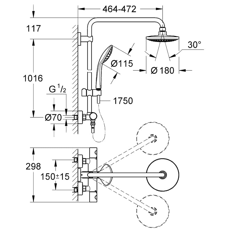 Pachet: Coloana dus termostat Grohe Euphoria 260 ( 27296001), baterie lavoar Grohe Eurosmart S (33265002)