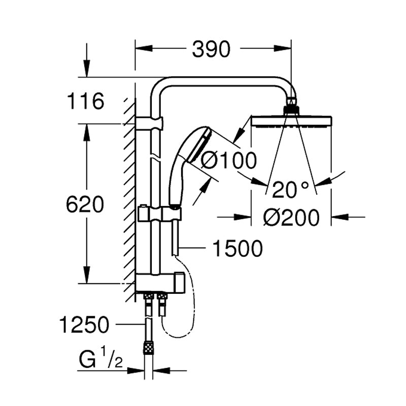 Coloana dus Grohe New Tempesta 200,crom,montare pe perete, baterie cada termostat Grh 800( 27389002,34567000)