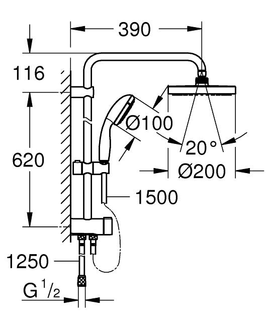 Coloana cabina dus cu termostat, Grohe Grohtherm 2000 New, palarie 200mm,jet,crom(34464001 ,27389002)
