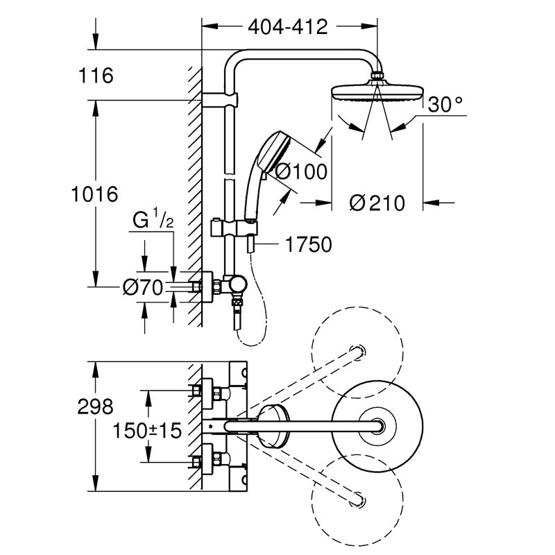 Pachet: Coloana dus Grohe New Tempesta 210-27922001, Baterie lavoar M Grohe Bauegde-23758000, Agăţătoare Grohe BauCosmopolitan-40461001