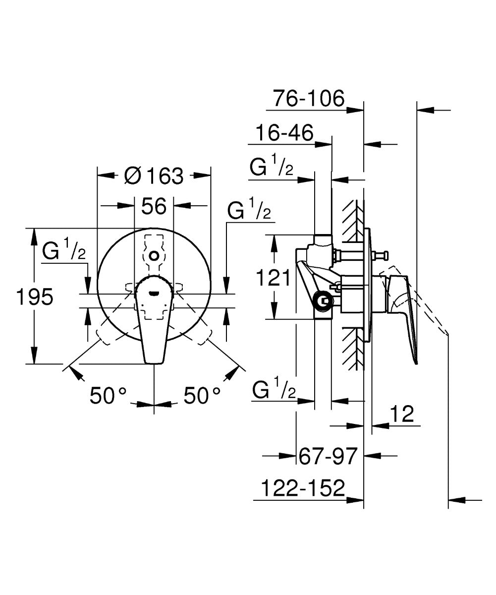 Baterie cada incastrata Grohe BauEdge New,1/2'', monocomanda, crom - 29079001
