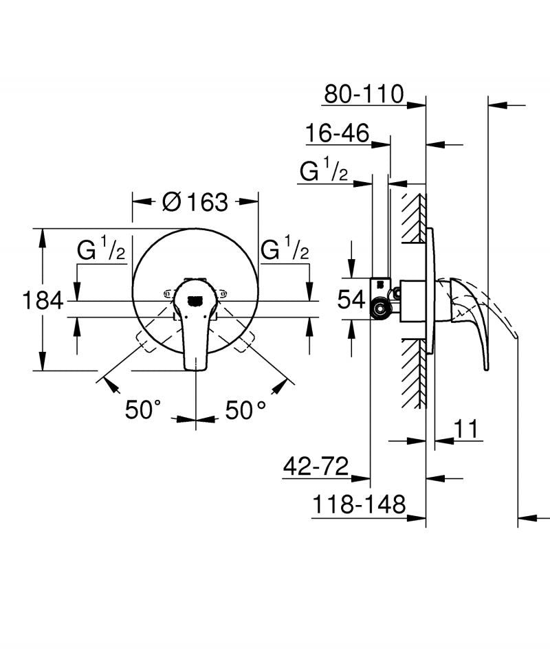 Baterie dus Grohe Start Curve, 1/2'', cartus ceramic, protectie reflux, crom - 29114000