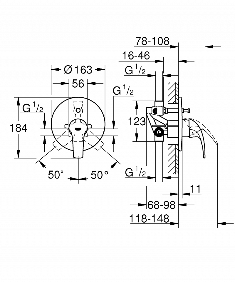 Baterie cada/dus  Grohe Start Curve, montaj incastrat, monocomanda, diverter, cartus ceramic, crom-29115000