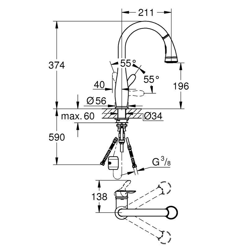 Baterie bucatarie pipa C, Grohe Parkfild+bagheta magnetizat apa Energetix(30215001,ENX 400 BAGHETA)