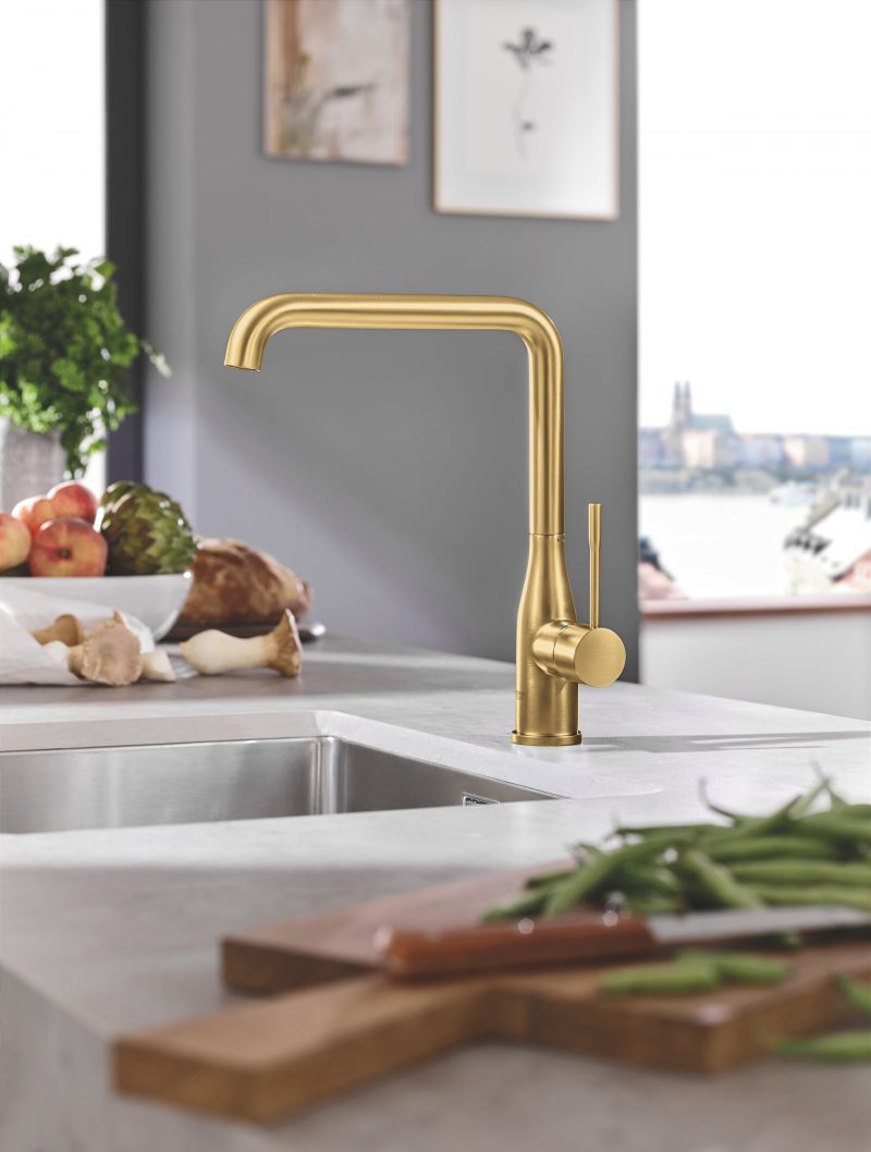 Baterie de bucatarie Grohe Essence, 3/8'', monocomanda, pipa inalta, pivotanta, brushed cool sunrise - 30269GN0
