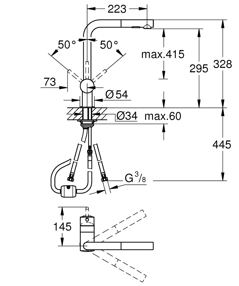 Baterie de bucatarie Grohe Minta, 3/8'', monocomanda, Tip L, pipa inalta, dus extractabil, pivotanta, limitator - warm sunset - 30274DA0