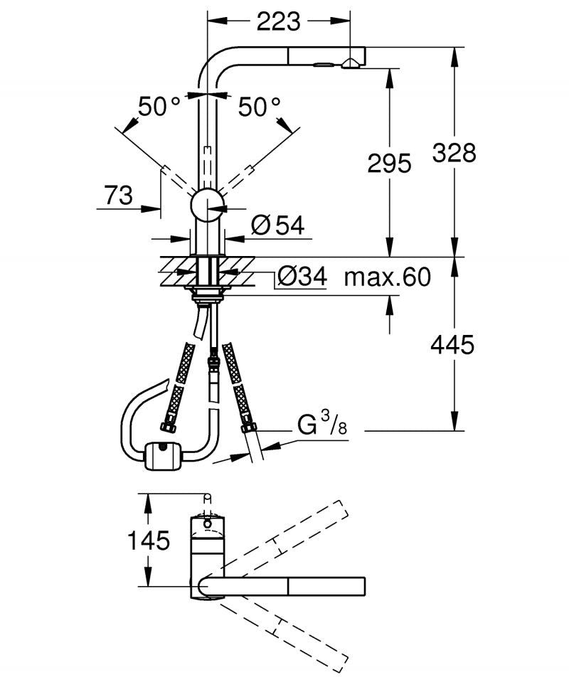 Baterie de bucatarie Grohe Minta, 3/8'', Tip L, dus extractabil, 2 jeturi, pivotanta, limitator, brushed warm sunset - 30274DL0