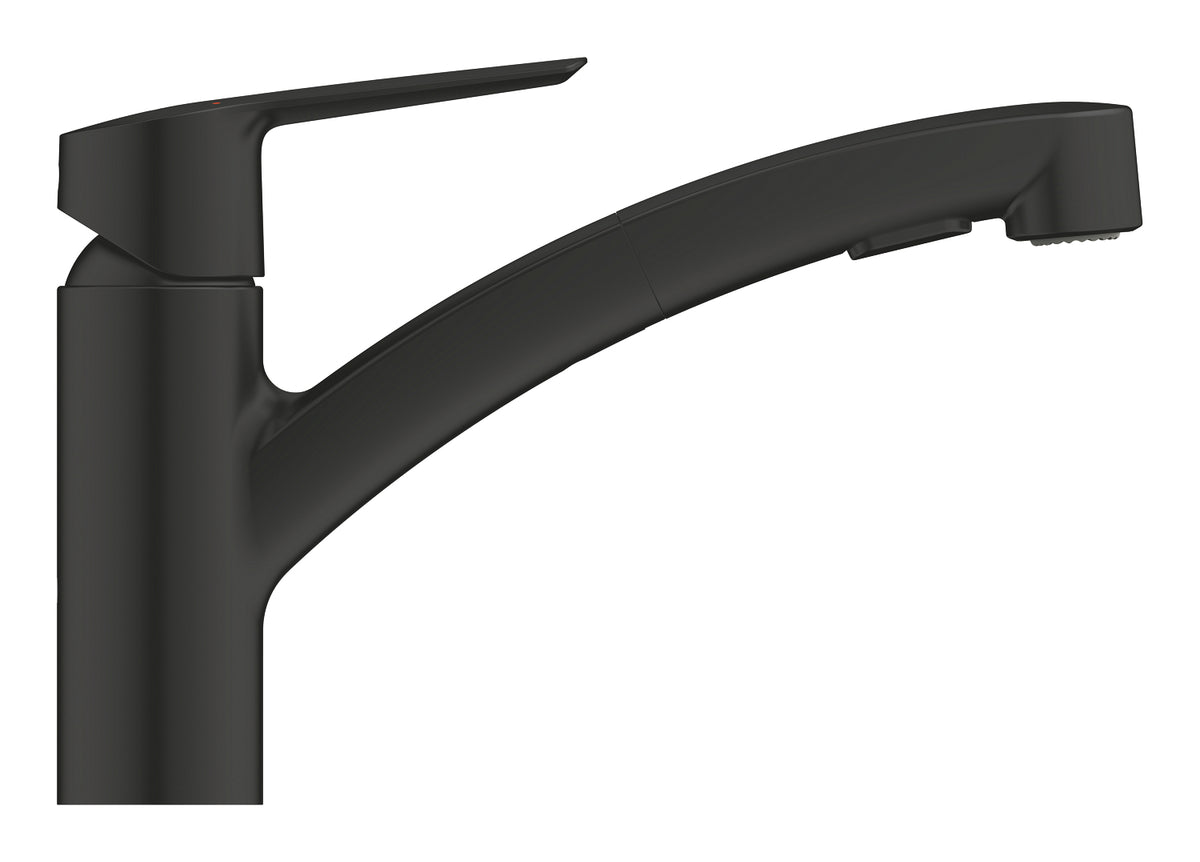 Baterie de bucatarie Grohe Start, 3/7'', pipa medie, pivotanta, dus extractabil, negru mat - 303072431