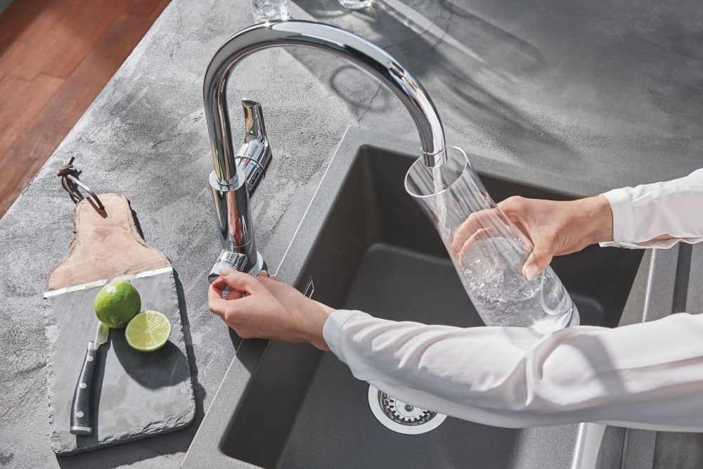 Baterie bucatarie cu filtru de apa Grohe Blue Pure Baucurve,filtru 3000l,crom,furtune flexibile-30386000