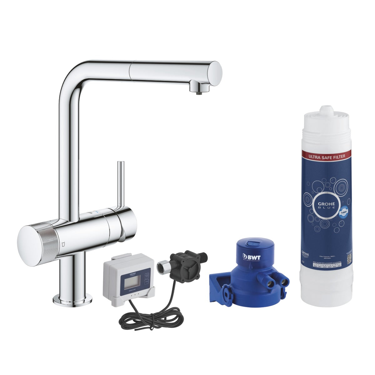Baterie de bucatarie Grohe Blue Pure Minta, 3/8'', pipa inalta, tip L, dus extractabil, fltru 3000 l, pivotanta, crom - 30393000