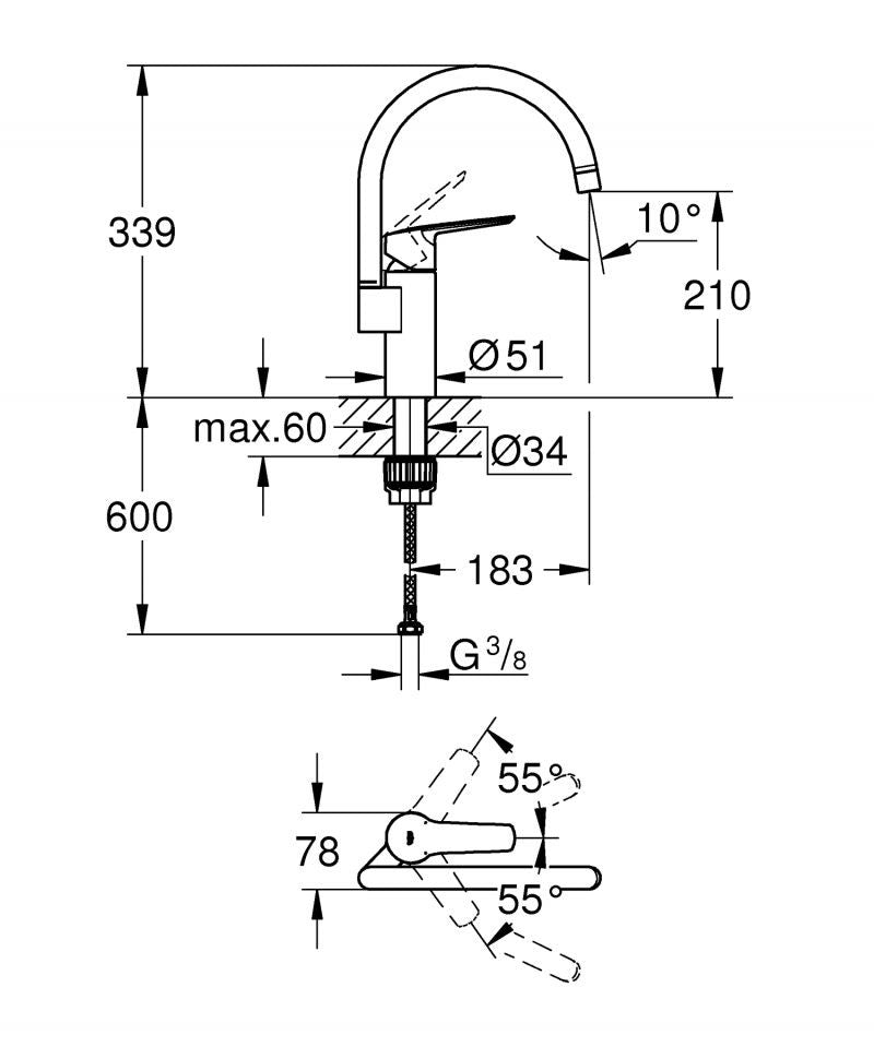 Baterie bucatarie Grohe Start, pipa pivotanta inalta, tip C crom-30469000