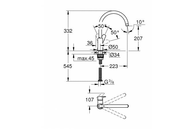 Baterie bucatarie Grohe Startedge, pipa pivotanta, crom, furtune flexibile-30529001