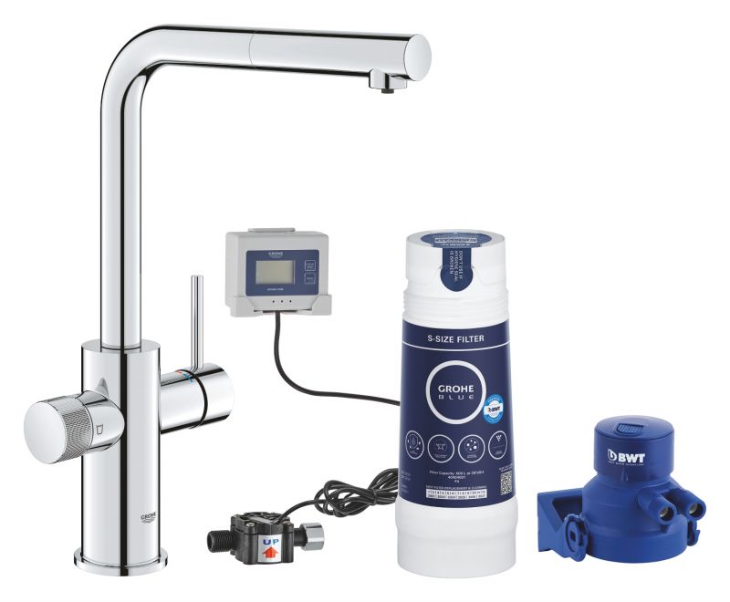 Baterie de bucatarie Grohe Blue Pure Vento, 3/8'', filtrare apa, pipa inalta, tip L, pivotanta, dus extractabil, 600 l filtru inclus, crom - 30579000