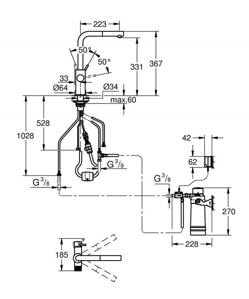 Baterie de bucatarie Grohe Blue Pure Vento, filtrare apa, pipa inalta, dus extractabil, 600 l filtru inclus, 30579KF0