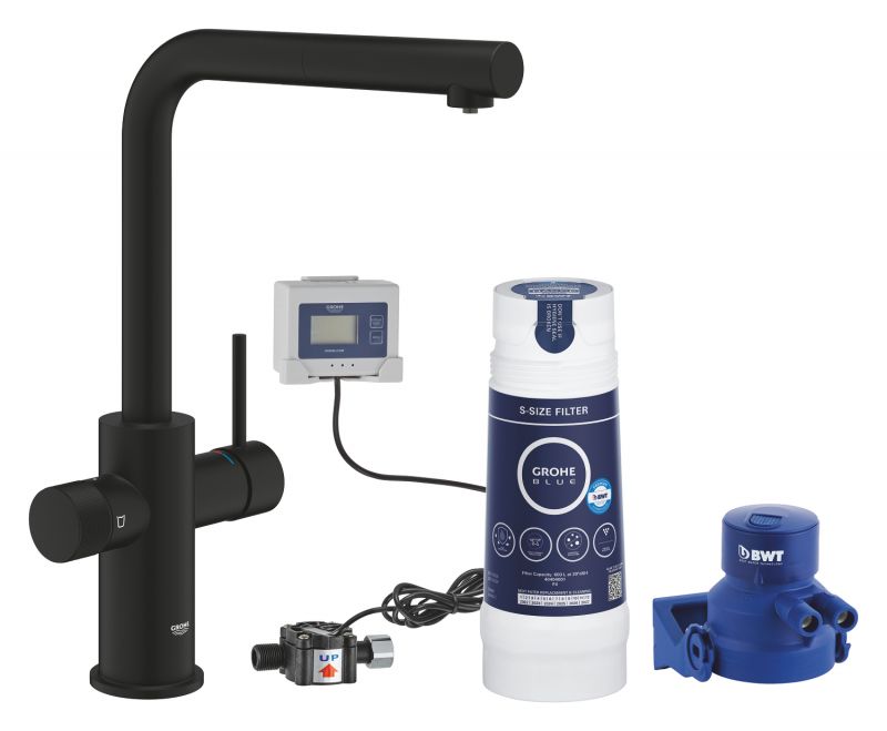 Baterie de bucatarie Grohe Blue Pure Vento, filtrare apa, pipa inalta, dus extractabil, 600 l filtru inclus, 30579KF0