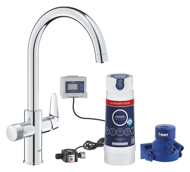 Baterie de bucatarie Grohe Blue Pure BauCurve, 3/8'', filtrare apa, pipa inalta, tip C, pivotanta, 3000 l filtru inclus, crom - 30582000