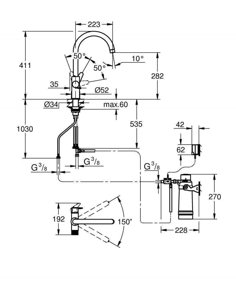Baterie de bucatarie Grohe Blue Pure BauCurve, 3/8'', filtrare apa, pipa inalta, tip C, pivotanta, 3000 l filtru inclus, crom - 30582000