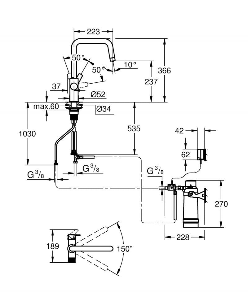Baterie de bucatarie Grohe Blue Pure Start, filtrare apa, pipa inalta, 3000 l filtru inclus, crom - 30594000