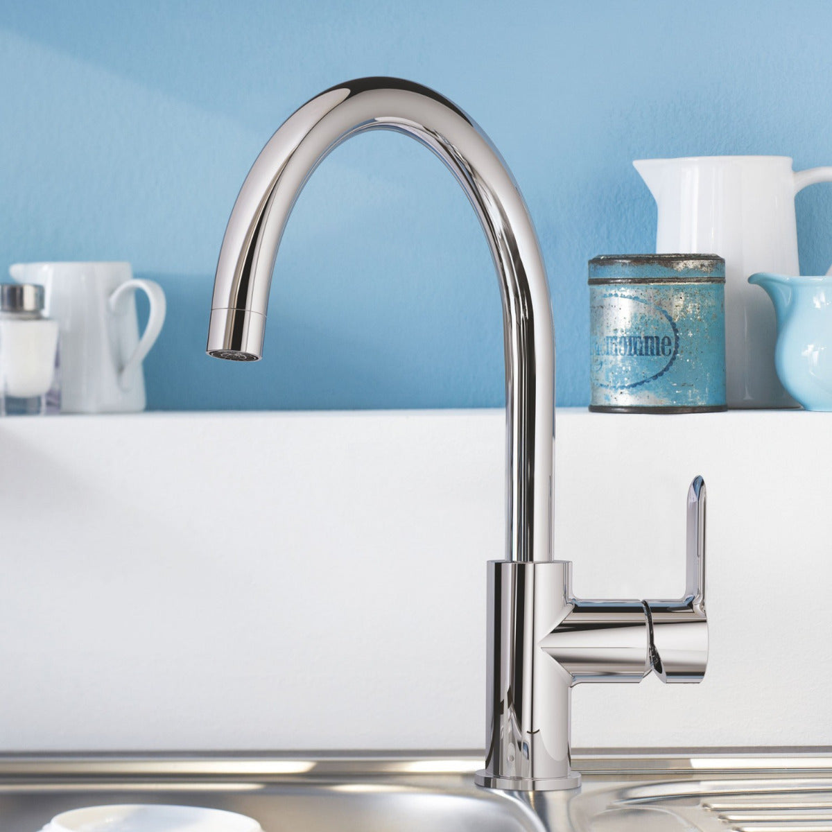 Baterie bucatarie gat lebada Grohe Bau Edge, crom, furtune flexibile-31367000