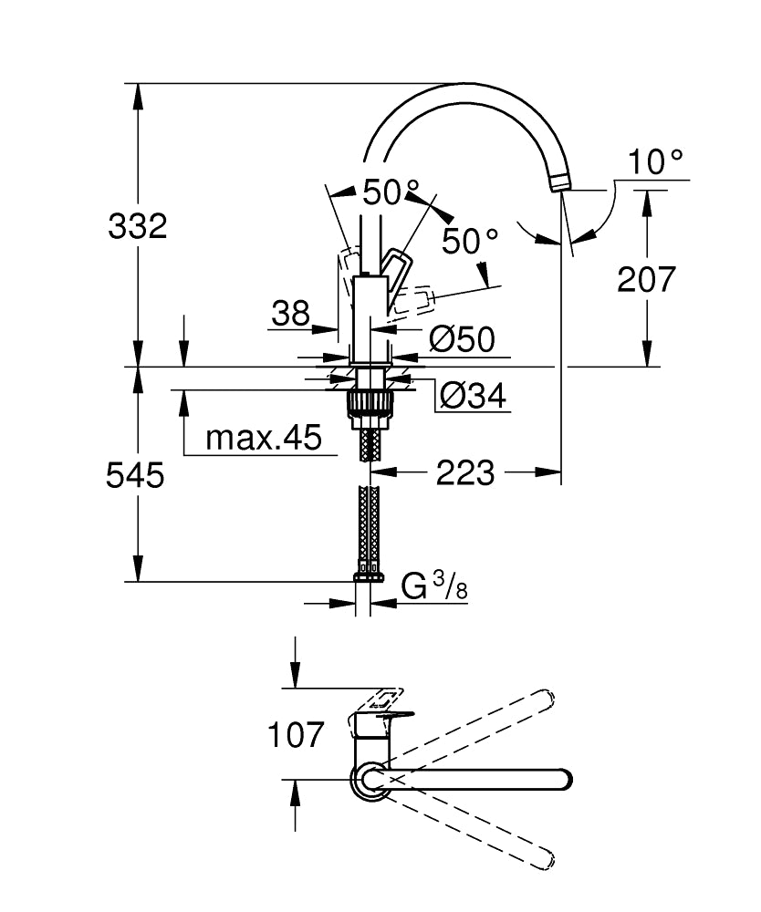 Baterie bucatarie Grohe BauLoop, monocomanda, cartus ceramic, pipa inalta, pivotanta , aerator, Crom - 31368001