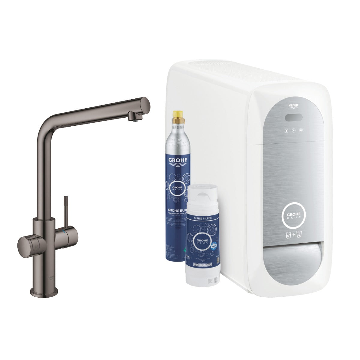 Baterie de bucatarie Grohe Blue Home, pipa inalta, racire, apa carbogazoasa,pivotanta, hard graphite - 31454A01  