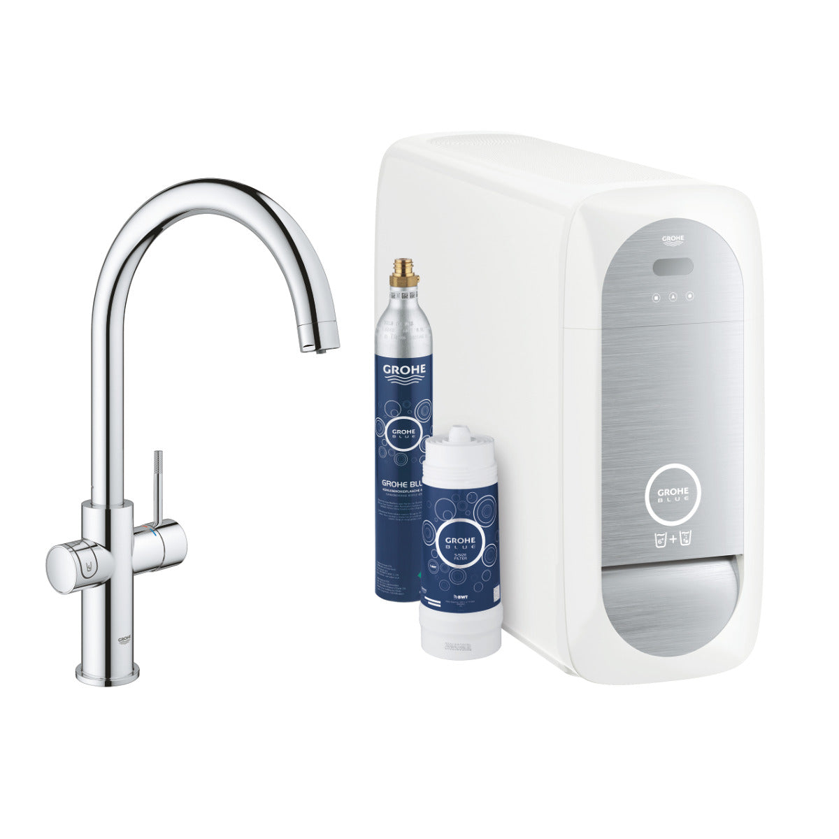 Baterie bucatarie Grohe Blue Home, monocomanda, sistem de filtrare apa, racire apa si apa carbogazoasa, 3 nivele mineralizare, cartus ceramic, pipa tip C, pivotanta 150, Crom-31455001