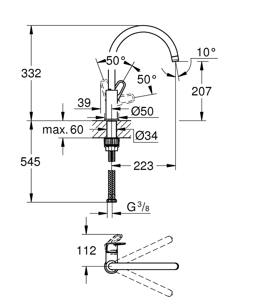 Baterie spalator bucatarie Grohe Bauflow,cartus ceramic, pipa pivotanta,crom-31538001