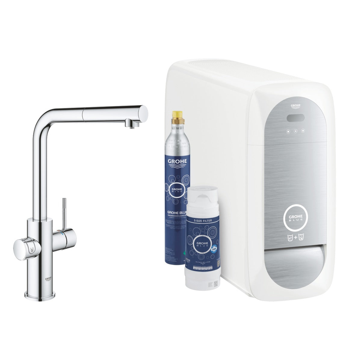 Baterie bucatarie Grohe Blue Home , pipa inalta tip L, filtrare, racire, apa carbogazoasa, dus extractabil, crom-31539000