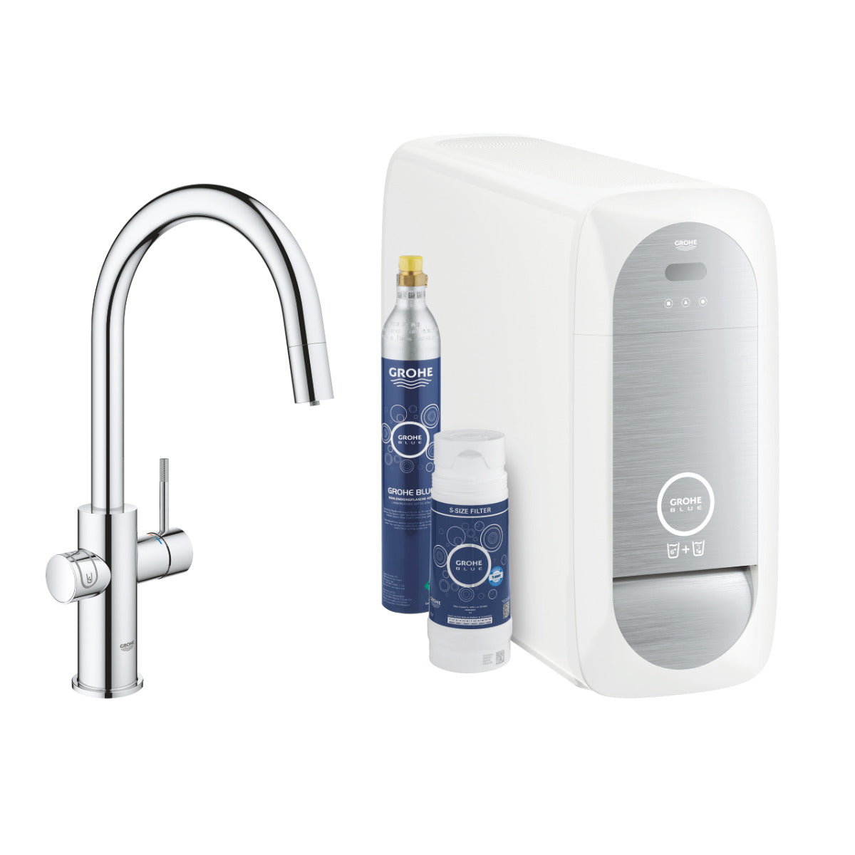 Baterie bucatarie Grohe Blue Home Duo dus extractibil, pipa C, sistem filtrare, racire si carbonatare, starter kit, crom - 31541000