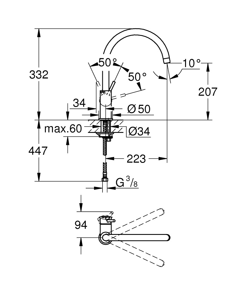 Baterie bucatarie Grohe Start Classic,furtune flexibile, pipa pivotanta,crom-31553000