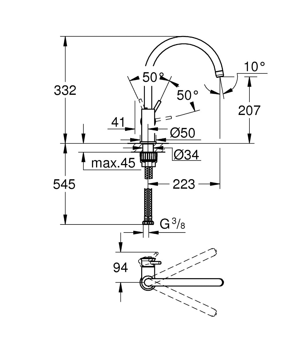 Baterie de bucatarie Grohe Start Classic, 3/8'' pipa inalta, pivotanta, cartus ceramic, monocomanda, crom - 31553001