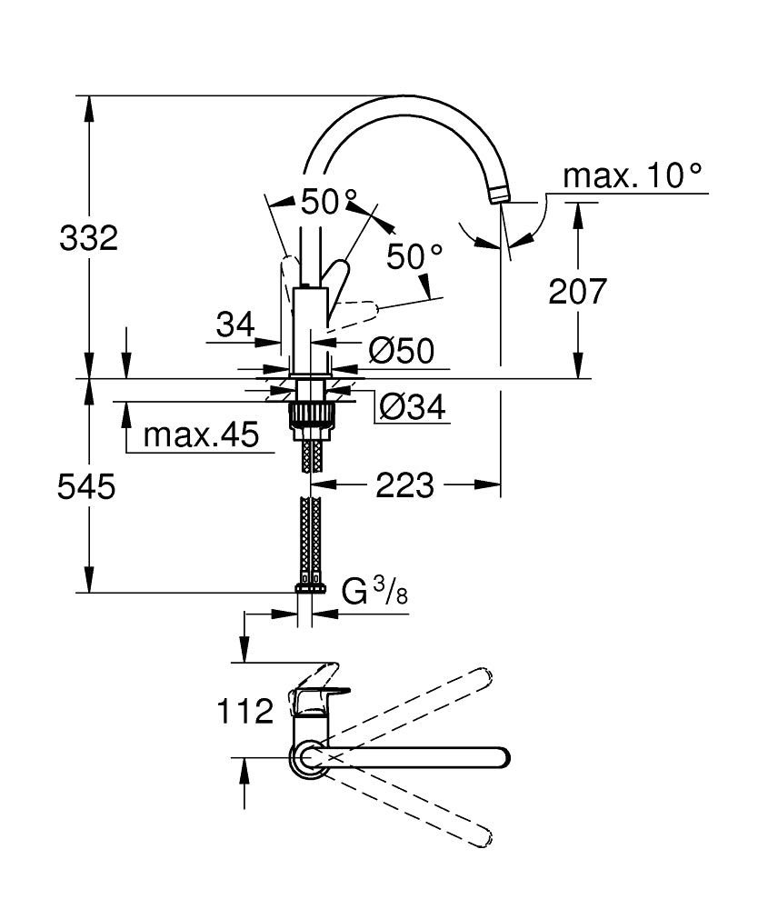 Baterie bucatarie Grohe Start Curve, cartus ceramic, pipa inalta, pivotanta, aerator, crom-31554001