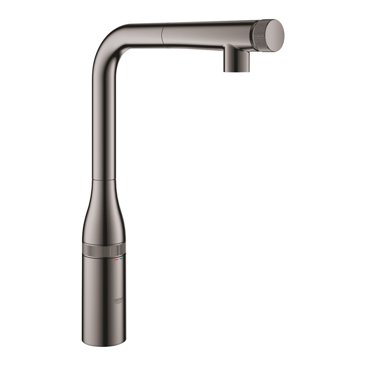 Baterie de bucatarie Grohe Essence Smartcontrol, 3/8'', pipa inalta, tip L, dus extractabil, limitator, hard graphite - 31615A00