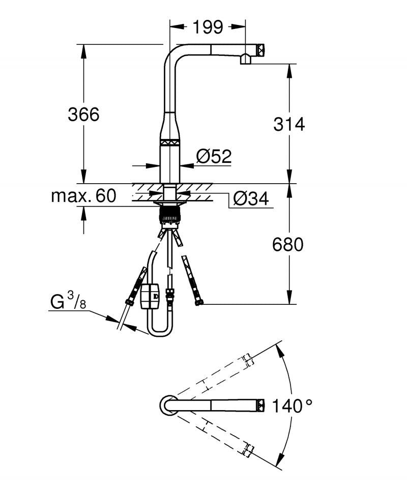 Baterie de bucatarie Grohe Essence Smartcontrol, 3/8'', pipa inalta, dus extractabil, pivotanta, cool sunrise - 31615GL0
