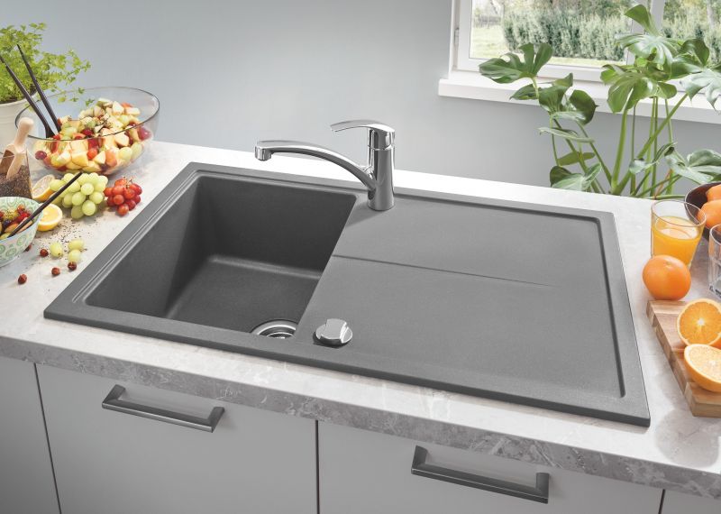 Chiuveta Quartz composite Grohe, reversibila, montare pe blat, evacuare automata, Kit montaj si evacuare, Antracit, - 31640AT0