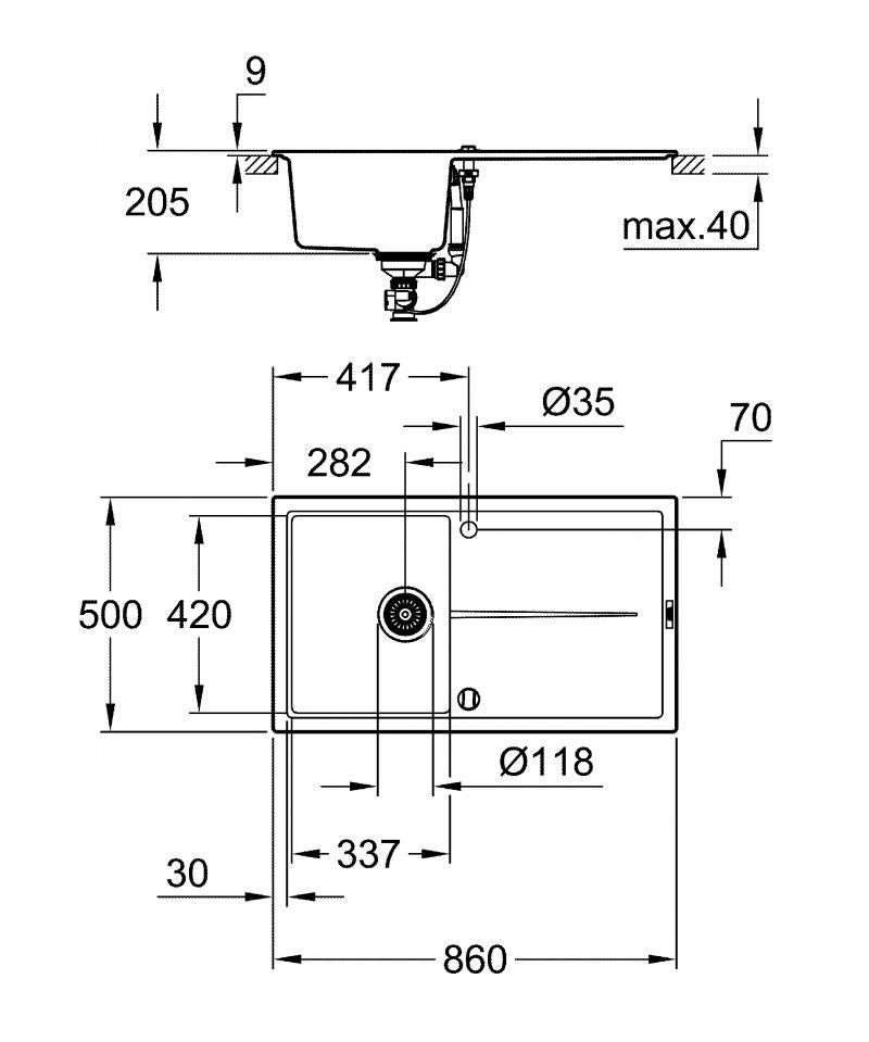 Chiuveta Quartz composite Grohe, reversibila, montare pe blat, evacuare automata, Kit montaj si evacuare, Antracit, - 31640AT0