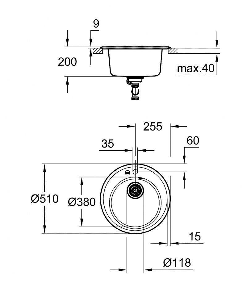 Chiuveta Quartz composite Grohe K200, 380 x 200 mm, montare pe blat, evacuare manuala, 31656AP0