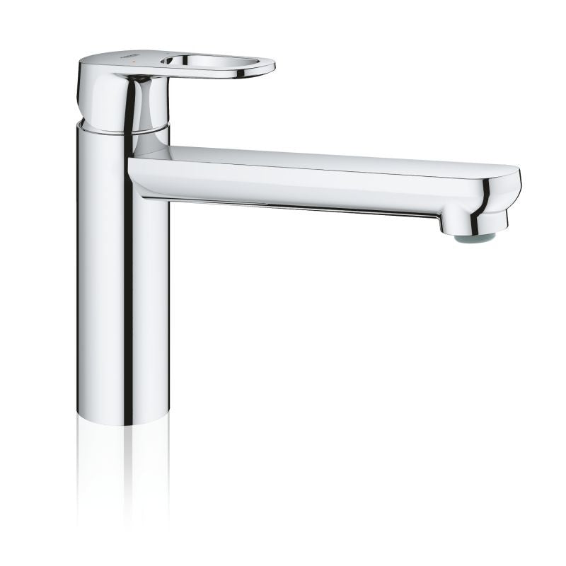 Baterie de bucatarie Grohe Bauflow, monocomanda, tip L, pipa medie, pivotanta, limitator, crom 31688000