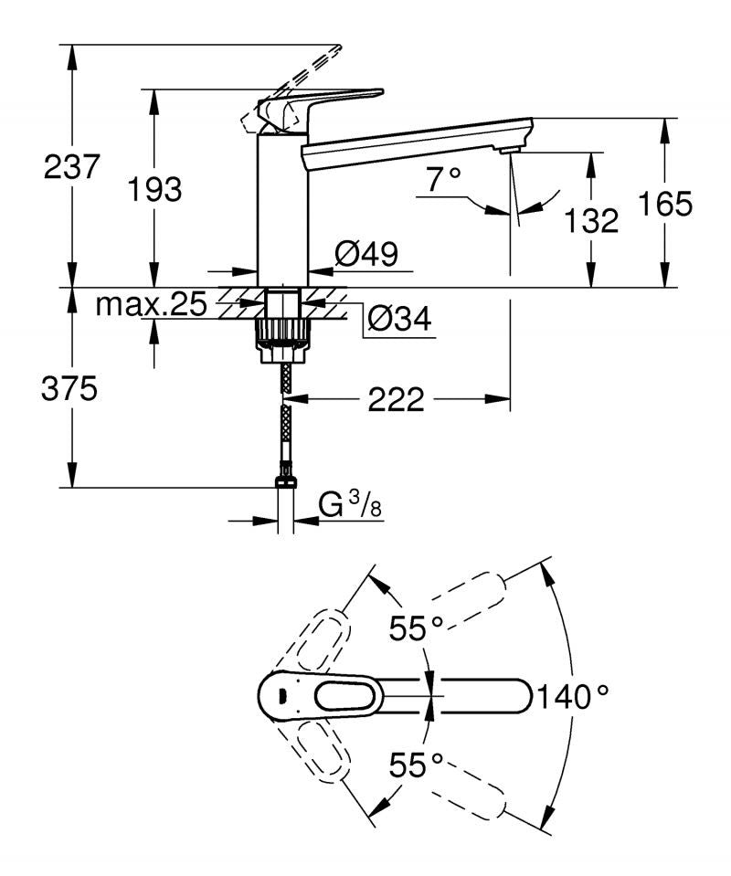 Baterie de bucatarie Grohe Bauflow, monocomanda, tip L, pipa medie, pivotanta, limitator, crom 31688000