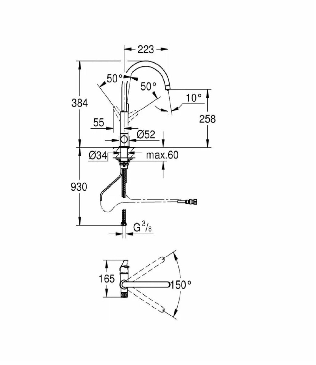 Baterie de bucatarie Grohe BauCurve Blue Pure,  monocomanda, pipa inalta, fara filtru, crom - 31723000
