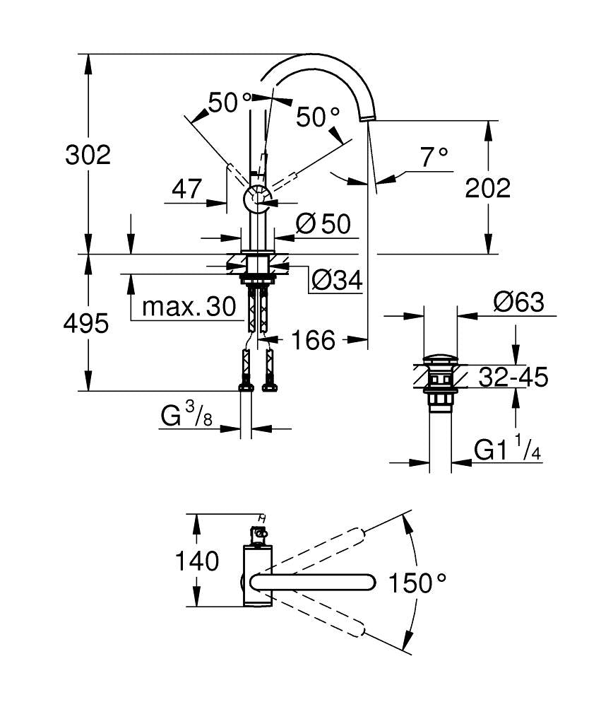 Baterie lavoar Grohe Atrio L, pipa inalta, monocomanda, ventil click-clack, crom - 32042003