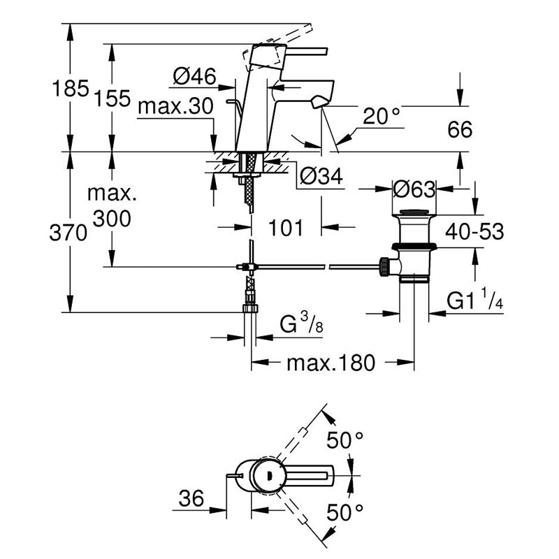 Pachet: Baterie dus Grohe Grohtherm 800 si Set dus cu bara Tempesta Mono-34565001, Baterie lavoar Concetto New Grohe-32204001