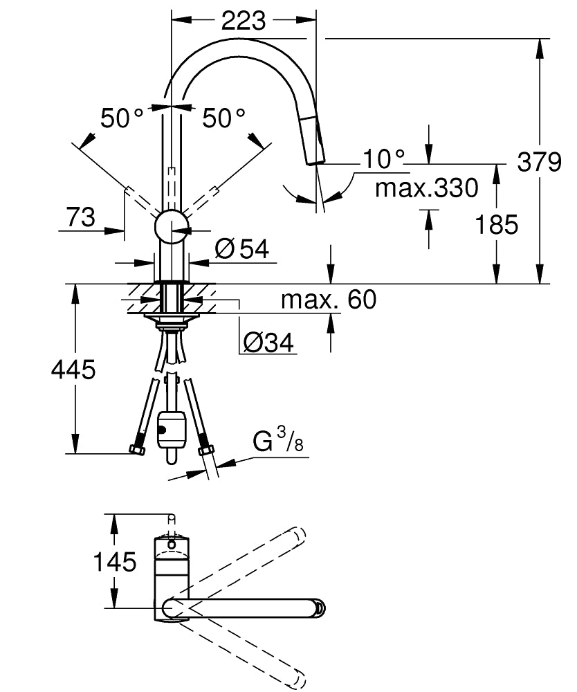 Baterie de bucatarie Grohe Minta , 3/8'', monocomanda, pipa inalta, dus extractabil, pivotanta, warm sunset - 32321DA2
