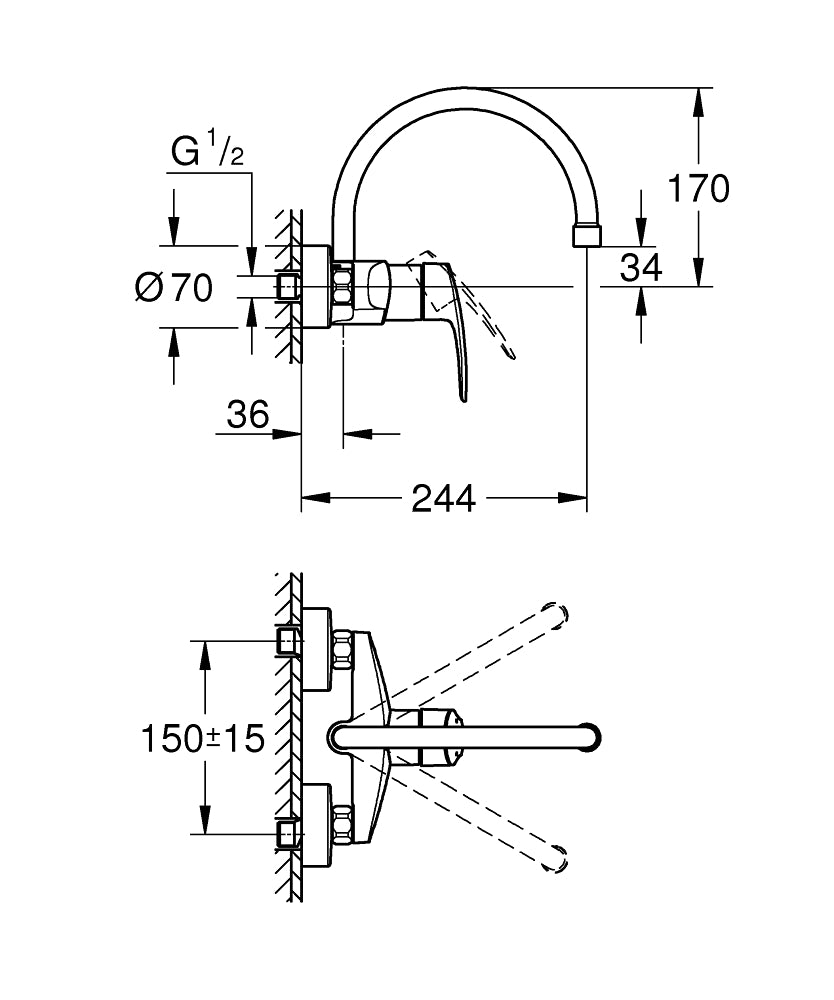 Baterie bucatarie montare pe perete Grohe Eurosmart New 2022,cartus ceramic, crom-32482003