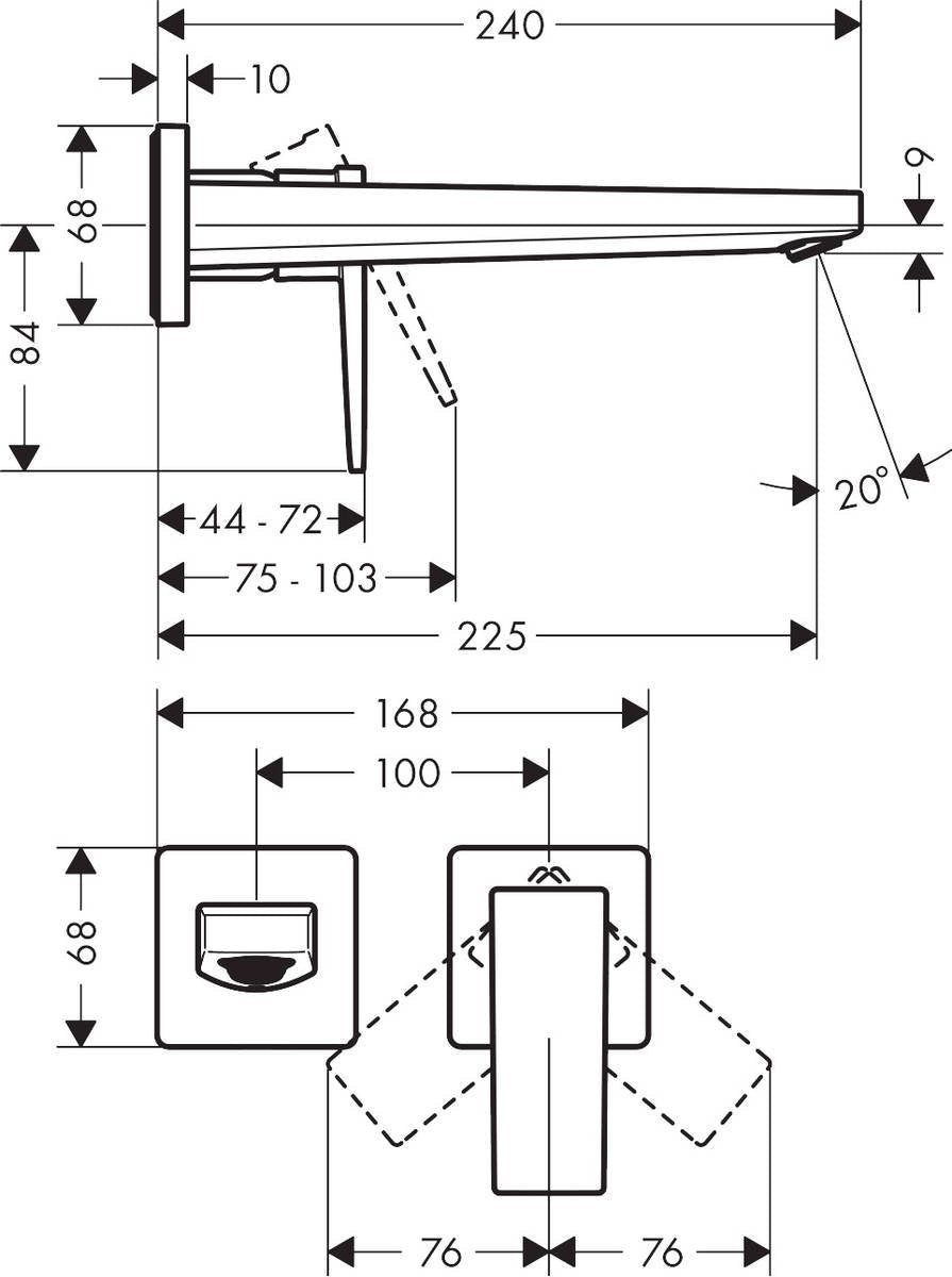Baterie lavoar Hansgrohe Metropol de perete, pipa 225 mm, fara ventil, negru mat - 32526670