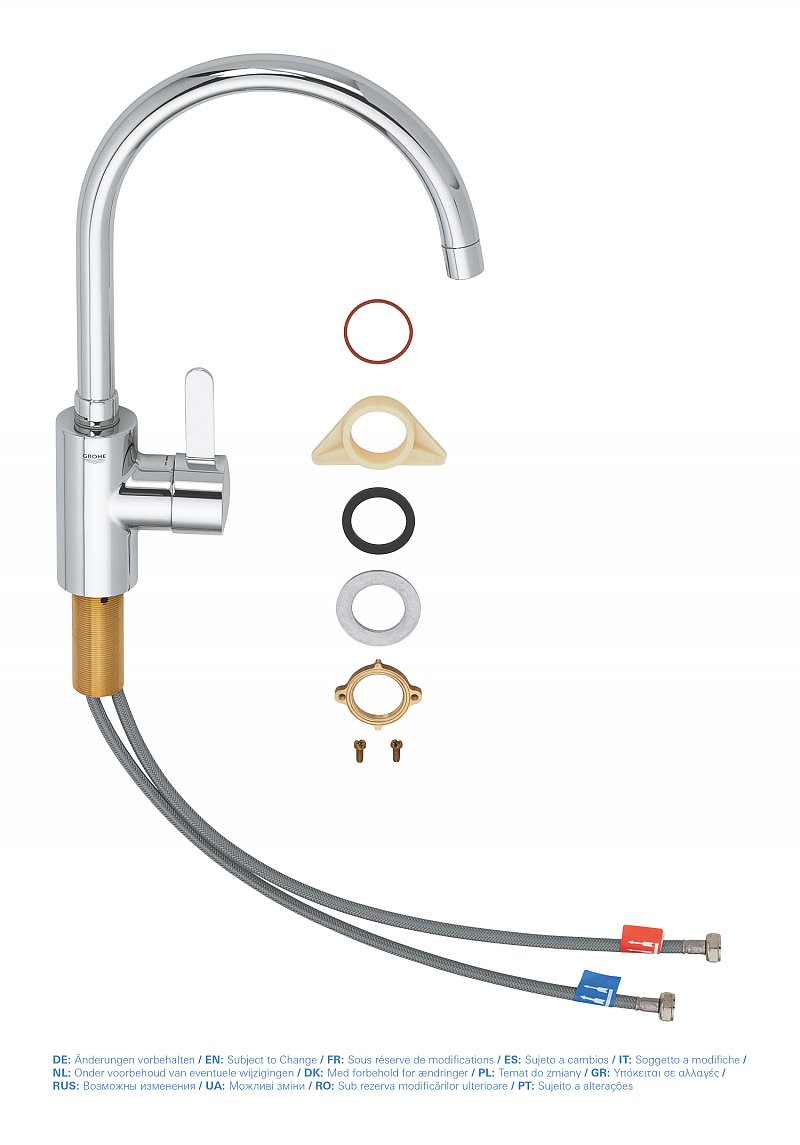Baterie bucatarie Grohe Eurosmart Cosmopolitan, cartus ceramic, pipa pivotanta, Crom, furtune flexibile-32843002