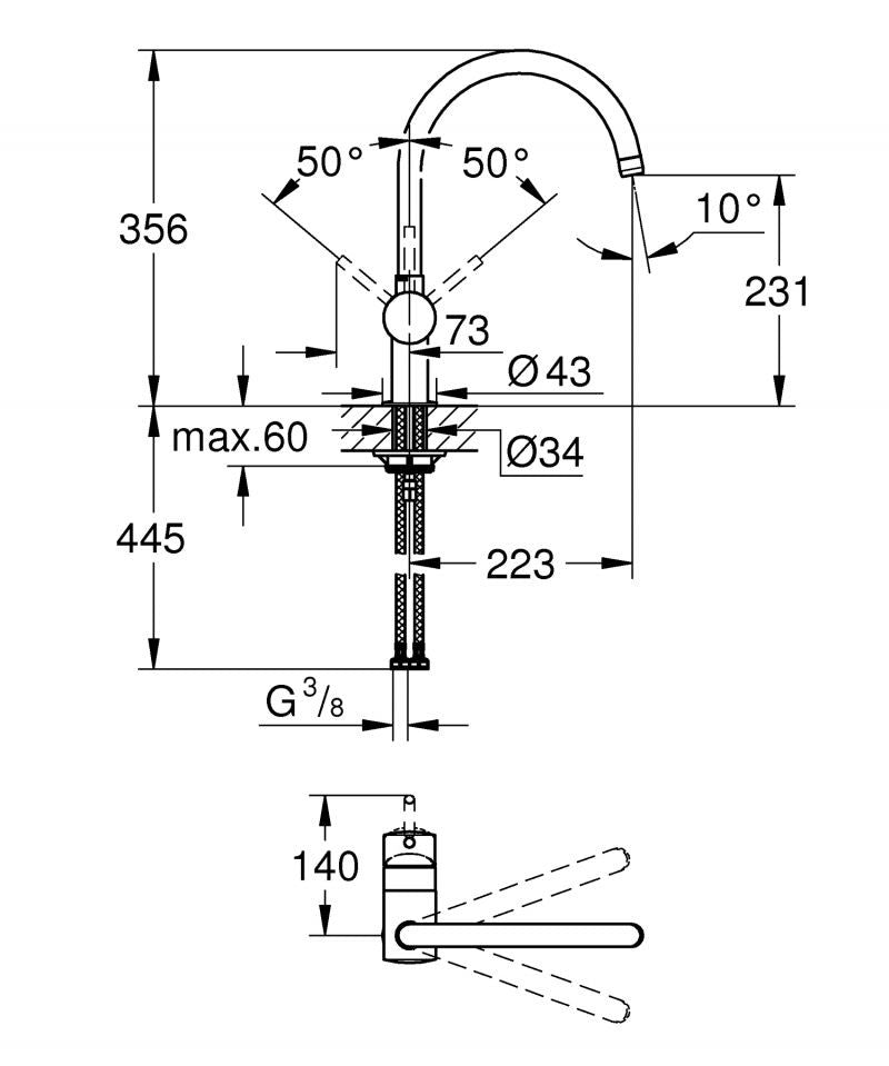 Baterie de bucatarie Grohe Minta, 3/8'', pipa inalta, tip C, cartus ceramic, pivotanta - 32917A00