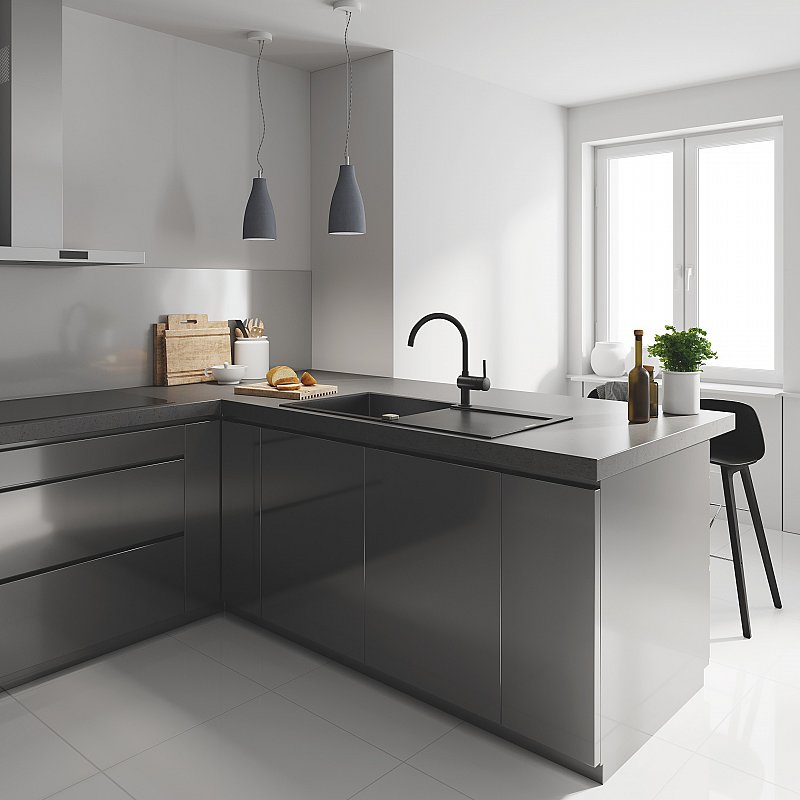 Baterie bucatarie Grohe Minta, pipa C, culoare negru-32917KS0