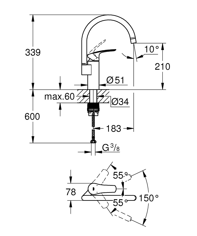 Baterie bucatarie Grohe Eurosmart , pipa pivotanta,crom-33202003