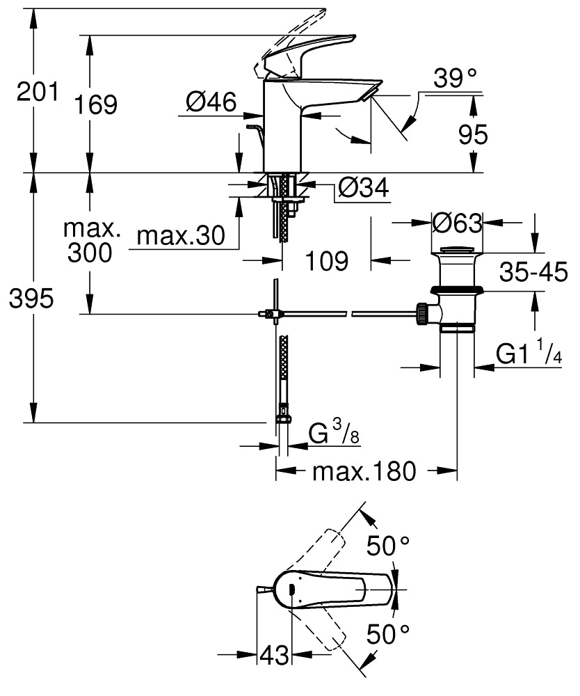 Baterie lavoar Grohe Eurosmart 2021, marimea S, furtunuri flexibile, crom-33265003
